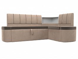 Кухонный угловой диван Тефида правый (основа велюр коричневый, компаньон велюр бежевый) - Фото предпросмотра
