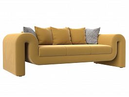 Прямой диван Волна (полностью микровельвет желтый, подушки 3 микровельвет желтый, 2 велюр серый с узором) - Фото предпросмотра