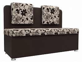 Кухонный прямой диван Маккон 2-х местный (основа Рогожка Цветы, компаньон экокожа коричневая) - Фото предпросмотра