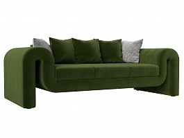 Прямой диван Волна (полностью микровельвет зеленый, подушки 3 микровельвет зеленый, 2 велюр серый с узором) - Фото предпросмотра