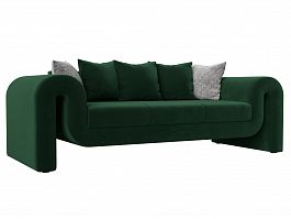 Прямой диван Волна (полностью велюр зеленый, подушки 3 велюр зеленый, 2 велюр серый с узором) - Фото предпросмотра