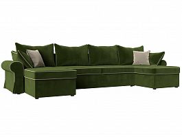 П-образный диван Элис (полностью микровельвет зеленый, кант микровельвет бежевый, подушки микровельвет ЗЕЛ/зел/беж) - Фото предпросмотра