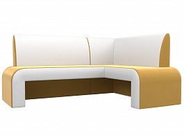 Кухонный угловой диван Кармен правый (основа микровельвет желтый, компаньон экокожа белая) - Фото предпросмотра