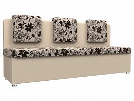 Кухонный прямой диван Маккон 3-х местный (основа Рогожка Цветы, компаньон экокожа бежевая) - Фото предпросмотра