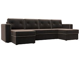 П-образный диван Принстон (полностью велюр коричневый, кант велюр бежевый) - Фото предпросмотра