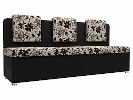 Кухонный прямой диван Маккон 3-х местный (основа Рогожка Цветы, компаньон экокожа черная) - Фото предпросмотра