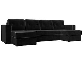 П-образный диван Принстон (полностью велюр черный, кант велюр серый) - Фото предпросмотра