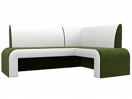 Кухонный угловой диван Кармен правый (основа микровельвет зеленый, компаньон экокожа белая) - Фото предпросмотра
