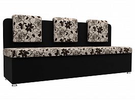 Кухонный прямой диван Маккон 3-х местный (основа Рогожка Цветы, компаньон микровельвет черный) - Фото предпросмотра