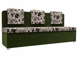 Кухонный прямой диван Маккон 3-х местный (основа Рогожка Цветы, компаньон микровельвет зеленый) - Фото предпросмотра
