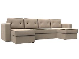 П-образный диван Принстон (полностью велюр бежевый, кант велюр коричневый) - Фото предпросмотра