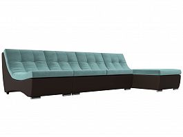 Угловой модульный диван Монреаль (основа Велюр Бирюзовый, компаньон экокожа коричневая) - Фото предпросмотра