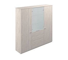Шкаф для одежды 600 - 2шт. + Шкаф высокий 800 со стеклом мат., 4 ящ., Atlas обвязка YN, фасады YN/GS - Фото предпросмотра