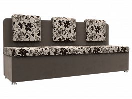 Кухонный прямой диван Маккон 3-х местный (основа Рогожка Цветы, компаньон велюр коричневый) - Фото предпросмотра