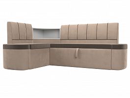 Кухонный угловой диван Тефида левый (основа велюр коричневый, компаньон велюр бежевый) - Фото предпросмотра