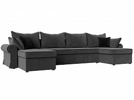 П-образный диван Элис (полностью велюр серый, кант велюр черный, подушки велюр СЕР/сер/черн) - Фото предпросмотра