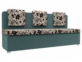 Кухонный прямой диван Маккон 3-х местный (основа Рогожка Цветы, компаньон Велюр Бирюзовый) - Фото предпросмотра