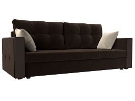 Прямой диван Валенсия Лайт (полностью микровельвет коричневый, подушки микровельвет КОР/беж) - Фото предпросмотра