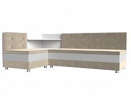 Кухонный угловой диван Милан левый (полностью микровельвет бежевый, компаньон экокожа белая) - Фото предпросмотра