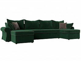 П-образный диван Элис (полностью велюр зеленый, кант велюр коричневый, подушки велюр ЗЕЛ/зел/кор) - Фото предпросмотра
