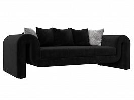Прямой диван Волна (полностью велюр черный, подушки 3 велюр черный, 2 велюр серый с узором) - Фото предпросмотра