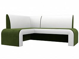 Кухонный угловой диван Кармен левый (основа микровельвет зеленый, компаньон экокожа белая) - Фото предпросмотра