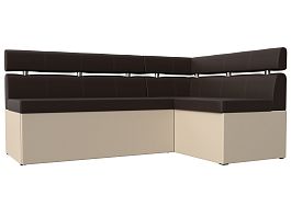Кухонный угловой диван Классик правый (основа экокожа коричневая, компаньон экокожа бежевая) - Фото предпросмотра