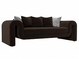 Прямой диван Волна (полностью микровельвет коричневый, подушки 3 микровельвет коричневый, 2 велюр серый с узором) - Фото предпросмотра