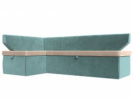 Кухонный угловой диван Омура левый (основа велюр бежевый, компаньон велюр бирюзовый) - Фото предпросмотра
