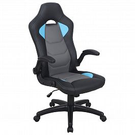 Кресло компьютерное BRABIX "Skill GM-005", откидные подлокотники, экокожа, черное/голубое, 532497 - Фото предпросмотра