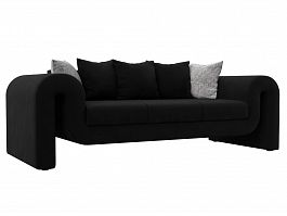 Прямой диван Волна (полностью микровельвет черный, подушки 3 микровельвет черный, 2 велюр серый с узором) - Фото предпросмотра