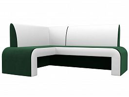 Кухонный угловой диван Кармен левый (основа велюр зеленый, компаньон экокожа белая) - Фото предпросмотра