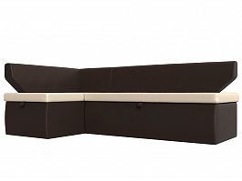Кухонный угловой диван Омура левый (основа экокожа бежевая, компаньон экокожа коричневая) - Фото предпросмотра