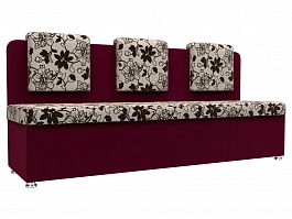 Кухонный прямой диван Маккон 3-х местный (основа Рогожка Цветы, компаньон микровельвет бордовый) - Фото предпросмотра
