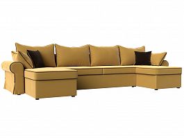 П-образный диван Элис (полностью микровельвет желтый, кант микровельвет коричневый, подушки микровельвет ЖЕЛ/жел/кор) - Фото предпросмотра