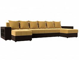 П-образный диван Дубай полки слева (основа микровельвет желтый, компаньон микровельвет коричневый) - Фото предпросмотра