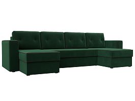 П-образный диван Принстон (полностью велюр зеленый, кант велюр коричневый) - Фото предпросмотра