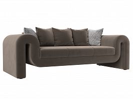 Прямой диван Волна (полностью велюр коричневый, подушки 3 велюр коричневый, 2 велюр серый с узором) - Фото предпросмотра