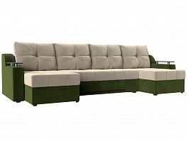 П-образный диван Сенатор (основа микровельвет бежевый, компаньон микровельвет зеленый) - Фото предпросмотра