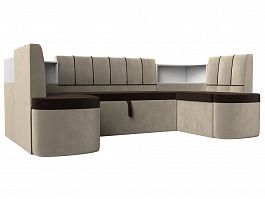 П-образный диван Тефида (основа микровельвет коричневый, компаньон микровельвет бежевый) - Фото предпросмотра